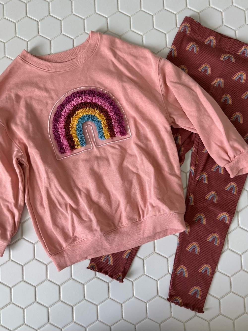 Pink Rainbow Pullover Set with Ruffle Hem Leggings